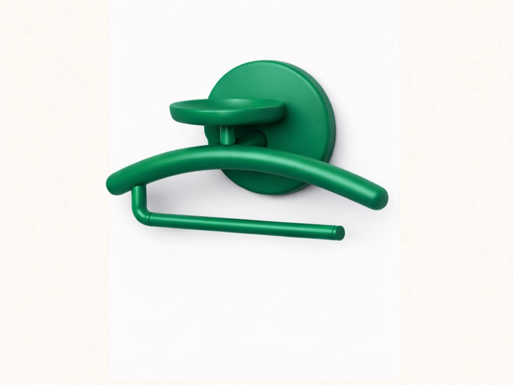 Green wall-mounted towel or paper roll holder with a curved arm against a white background.