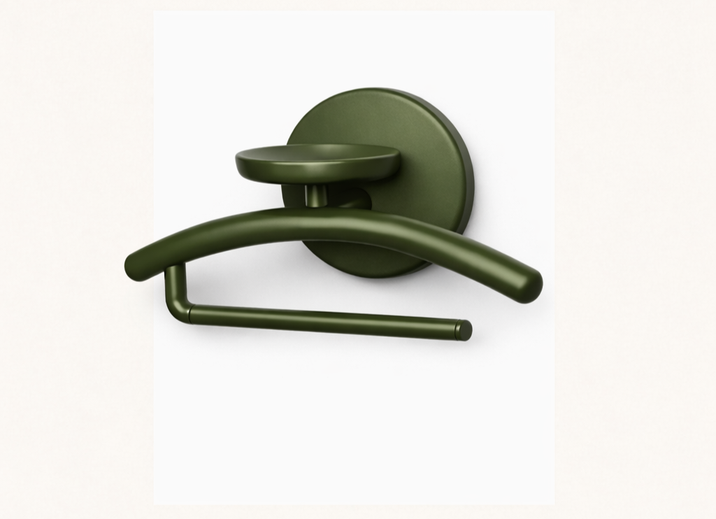 A dark green wall-mounted towel rack with a circular base, a rounded upper bar, and a lower horizontal bar, all in a modern minimalist design.