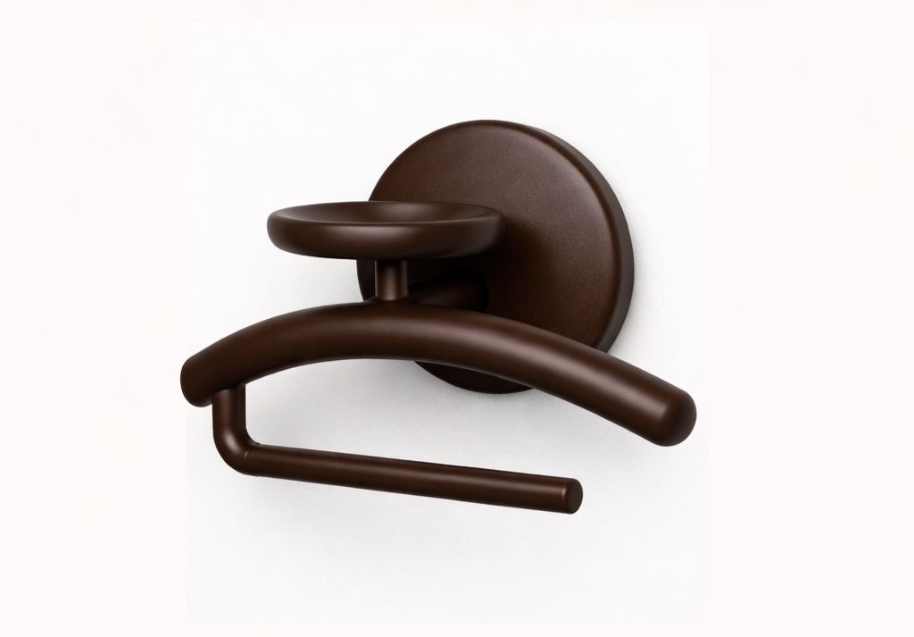Brown wall-mounted coat or towel rack with a circular base, a curved top hook, and an adjustable lower arm.
