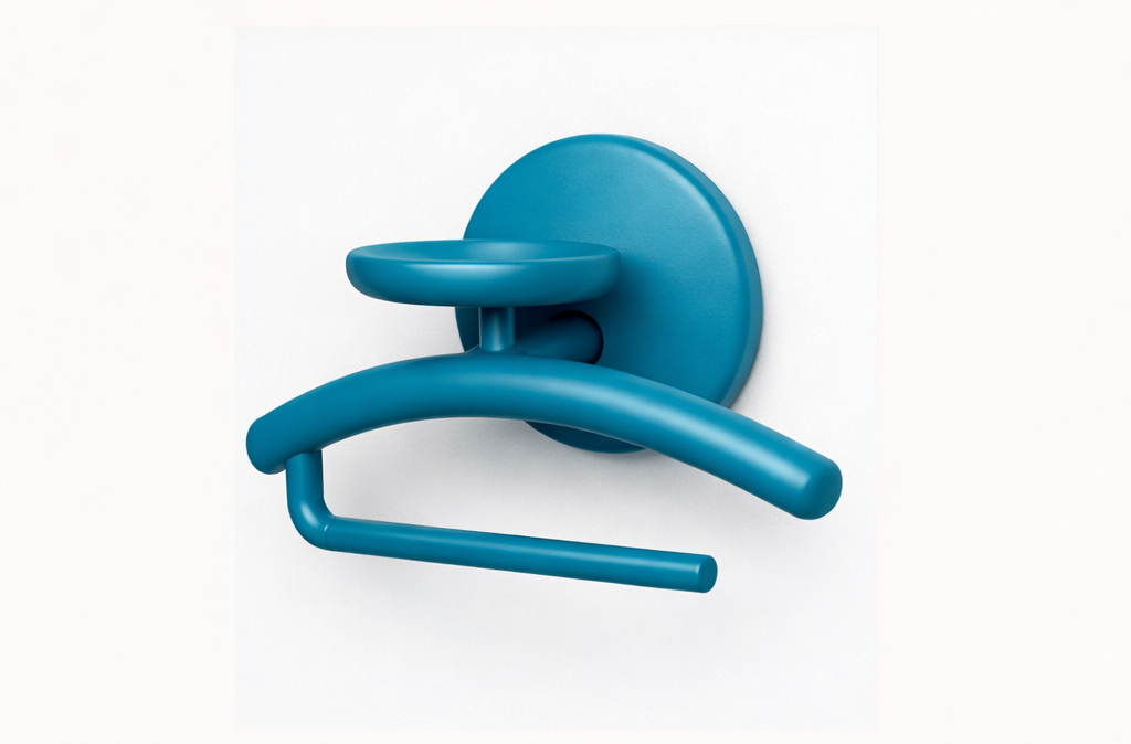 Blue wall-mounted hook with a curved arm and a small flat perch above it, mounted on a white wall.