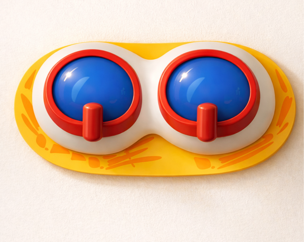 Toy sunglasses with large blue lenses, red frames, and a yellow base resembling a smiley face, mounted on a wall.