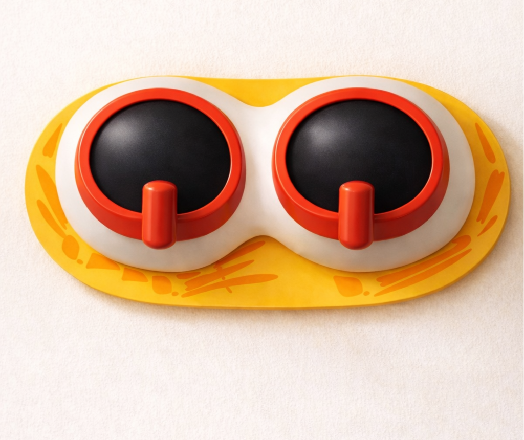 Colorful children's toy resembling sunglasses with black lenses and red frames, mounted on a yellow base with orange markings.