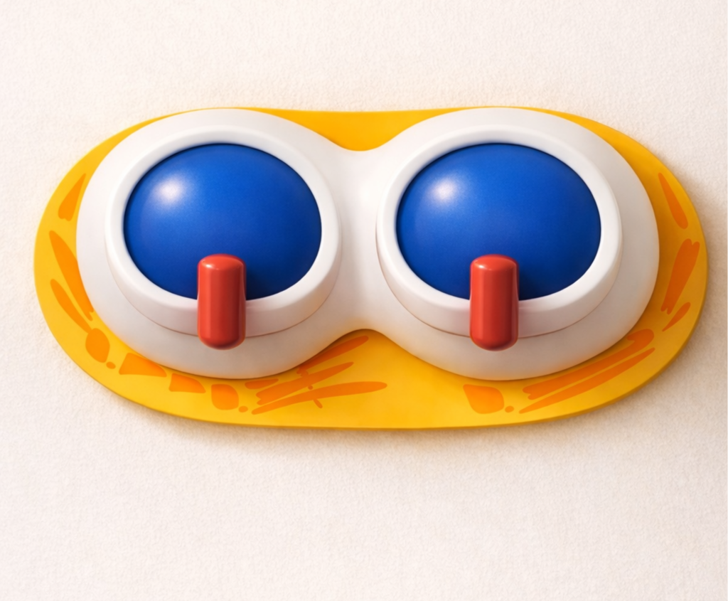 A wall-mounted game with two blue circular handles with red levers, designed for children, resembling a pair of binoculars on a yellow base with orange patterns.