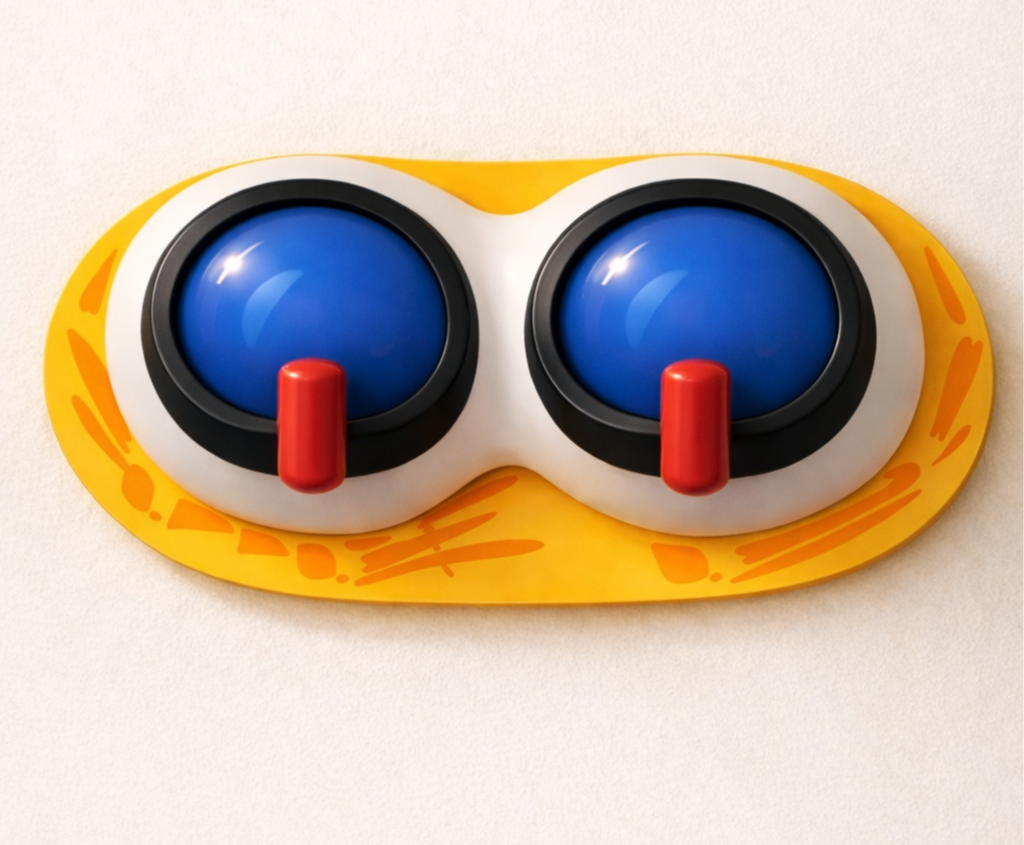 A wall decoration with two blue eyes, red noses, and a yellow background that resembles a cartoonish face.