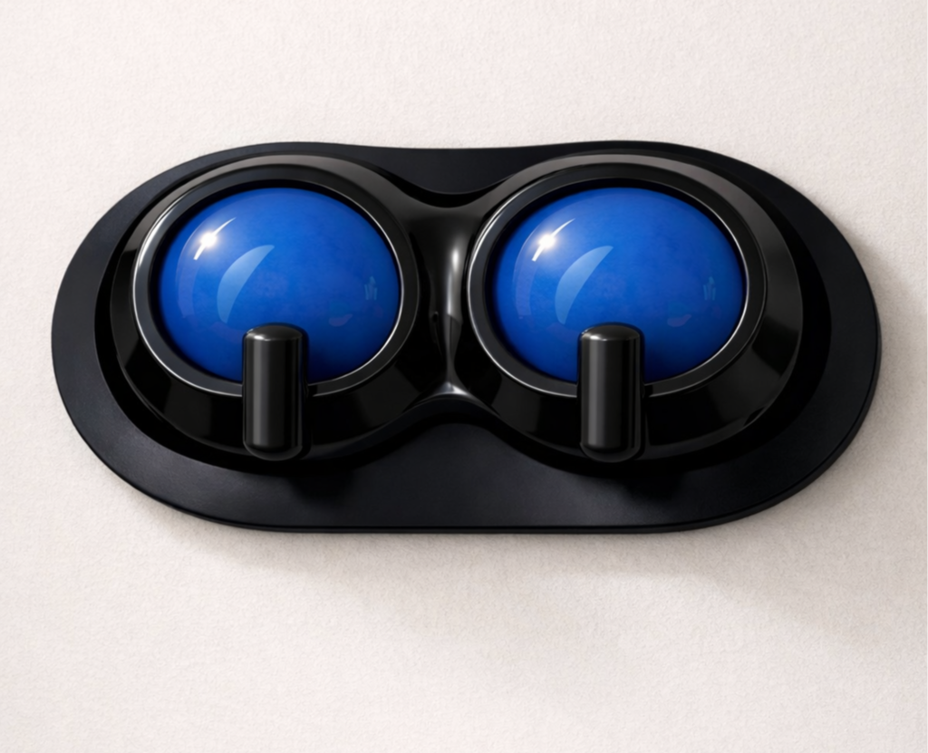 Blue and black virtual reality headset with adjustable lenses mounted on a wall