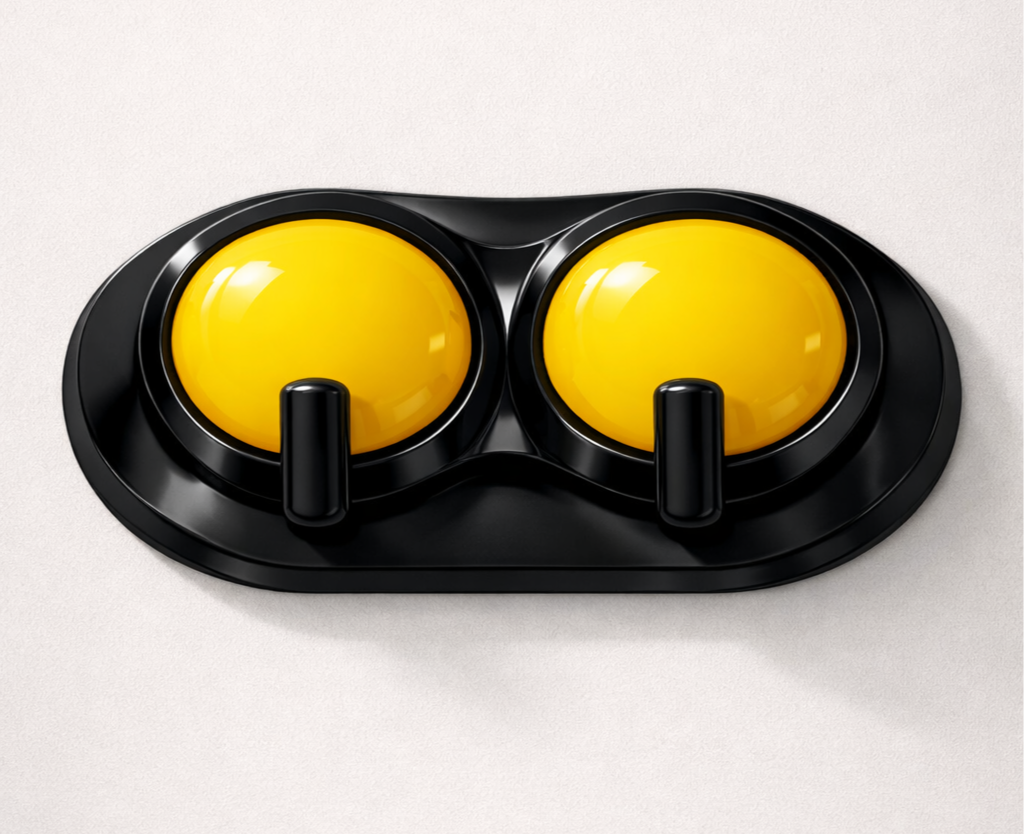 A black plastic container with two yellow-tinted goggles and black switches, resembling the glasses worn by the character WALL-E from the movie WALL-E.