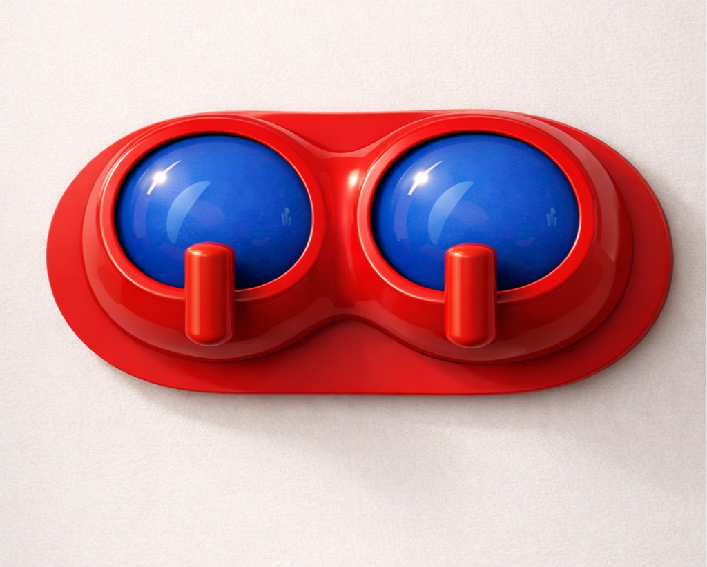 Toy red and blue binoculars with large circular lenses on a white background.