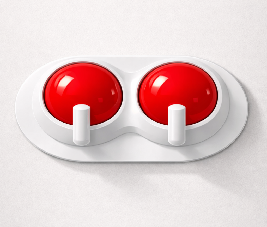 A vintage red and white toggle electrical switch panel with two switches.