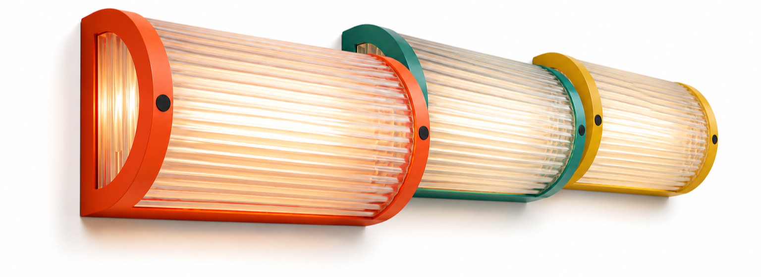 Colorful heating lamps arranged horizontally in a row with orange, teal, and yellow frames.