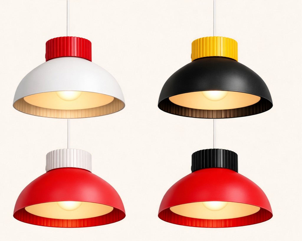 Four colorful pendant lamps hanging in a 2x2 grid, with white, black, red, and yellow shades, turned on and illuminating