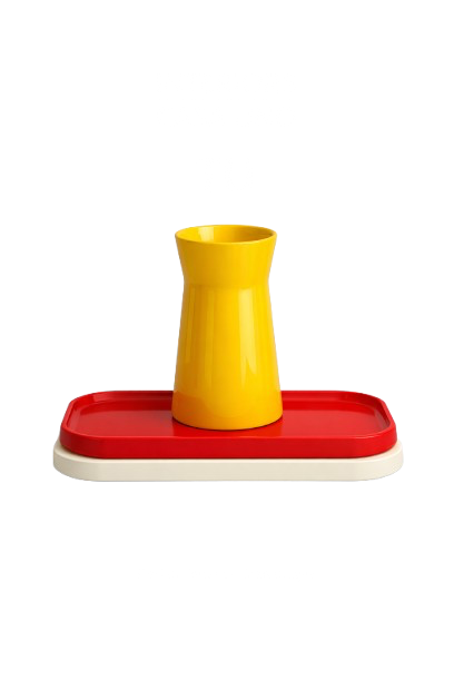 Colorful board game piece and tray with text distorted above and below.