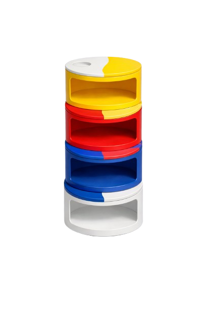 Colorful round storage unit with four open compartments in yellow, red, blue, and white, set against a black background.