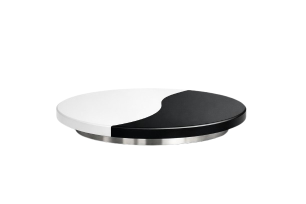 A black and white yin-yang shaped coffee table.