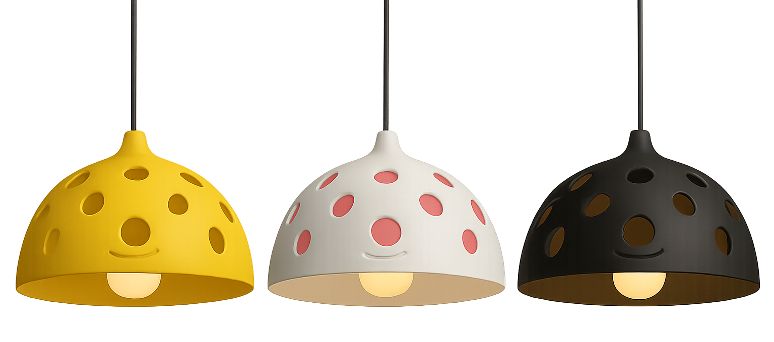 Three pendant lampshades hanging from black cords, each with a rounded dome shape and circular cutouts. The lampshades are yellow, white, and black, and contain lights illuminating from within.