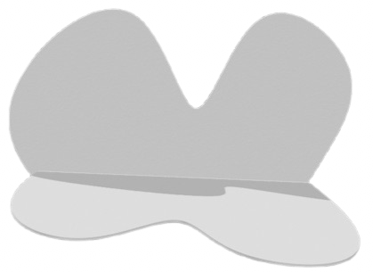 A stylized illustration of a butterfly or winged insect with pale gray wings and a curved body.