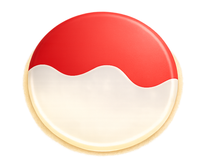 Close-up of a round cookie decorated with red, white, and tan icing to resemble the Pepsi logo.