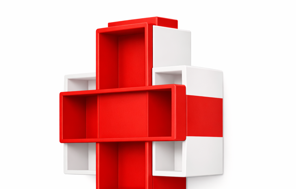 A modern geometric wall shelf in red and white colors arranged in a cross shape.