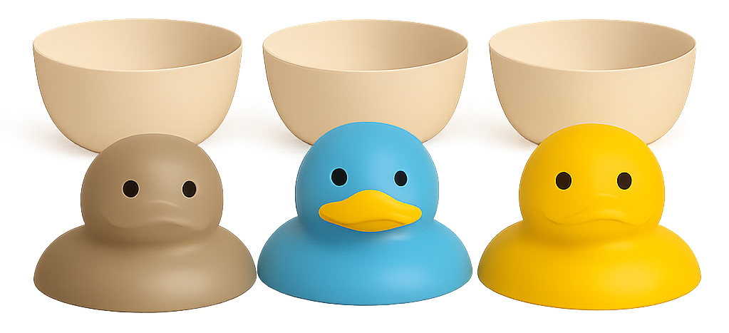 Three plastic bath toys of rubber ducks in beige, blue, and yellow in front of three empty beige bowls