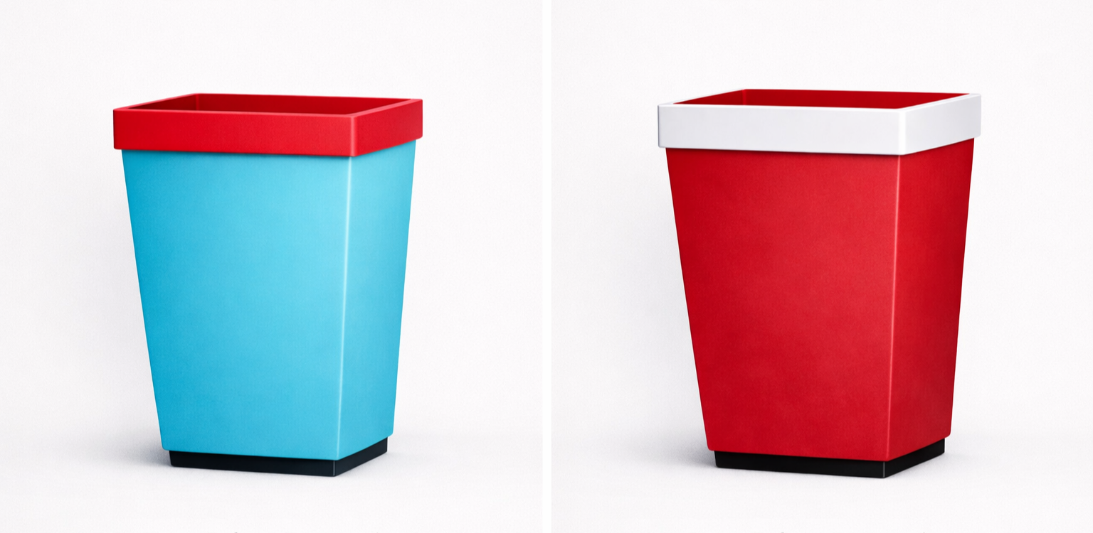 Two colorful trash bins, one blue with a red lid and another red with a white lid, against a white background.