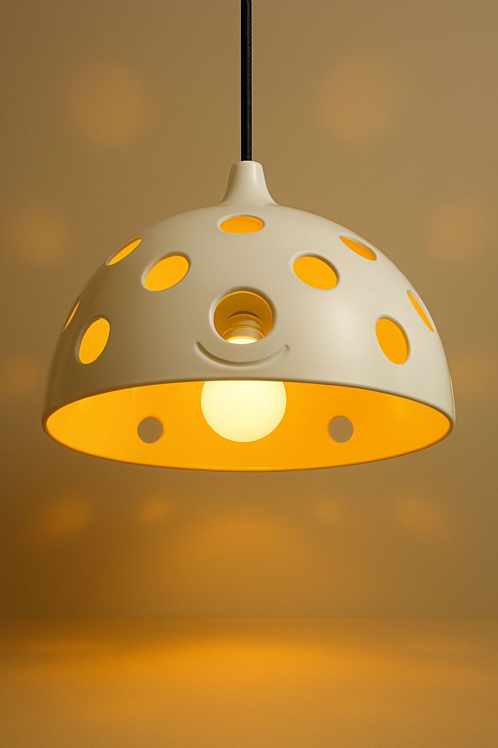 A white pendant lamp with circular cutouts, emitting warm yellow light, hanging from a black cord.