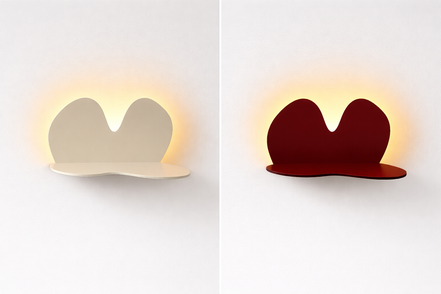 Two wall-mounted shelves shaped like bunny ears, backlit with soft light, one white on the left and one dark red on the right, set against a white wall.