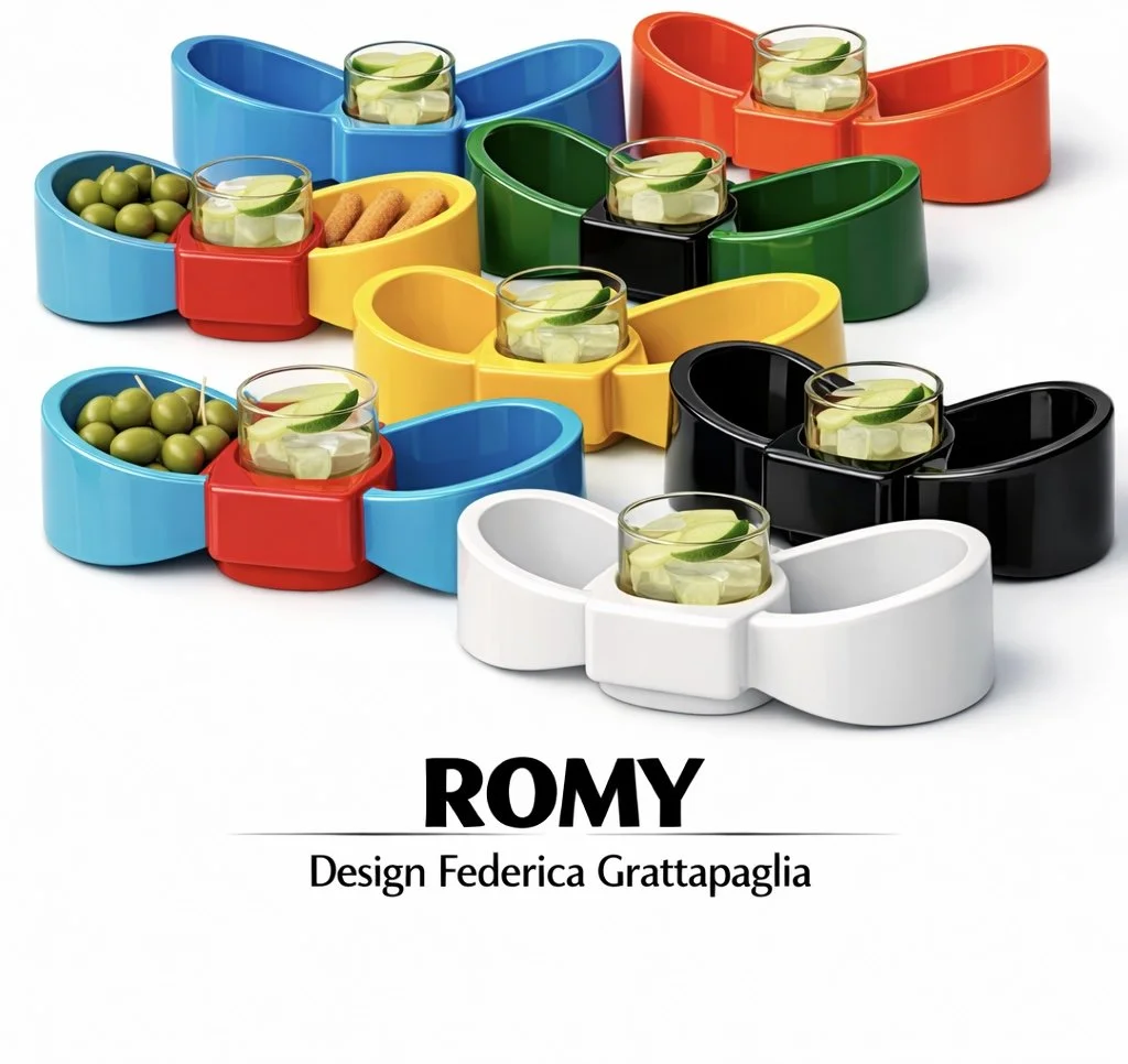 Colorful modern bowls in various colors arranged in a pattern, each containing different snacks and a small glass of drink with lime slices, with a text overlay that says "ROMY" and credits a designer.