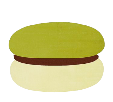 A cartoon-style depiction of a sandwich on a white background, with a green top bun, a brown middle filling, and a white bottom bun.