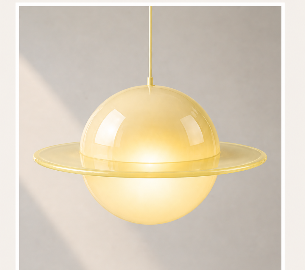 Decorative hanging light fixture resembling a planet with rings, made of yellow material.