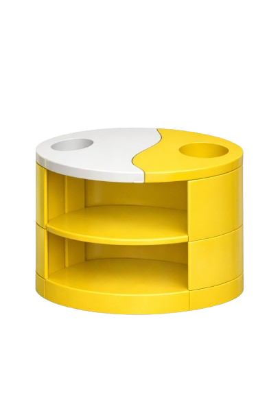 A modern yellow and white circular storage unit with two open shelves and two small rounded compartments on top, one yellow and one white.