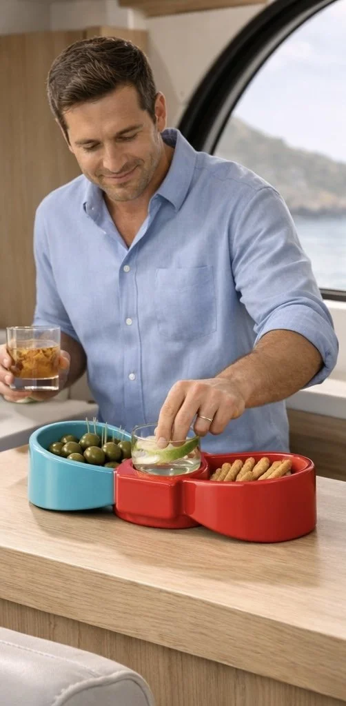Man in a blue shirt holding a glass of whiskey, with a snack tray of olives, cheese, and crackers on a wooden counter, near a window with a view of water.