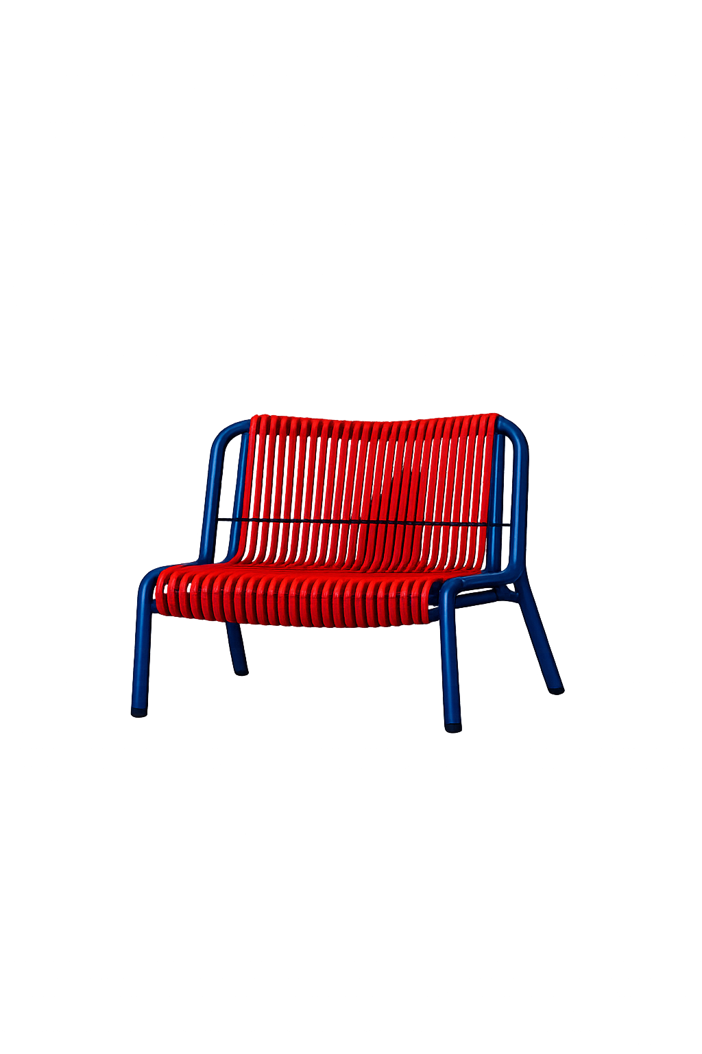 A modern chair with red vertical slats, blue frame, against a dark background with colorful light streaks.