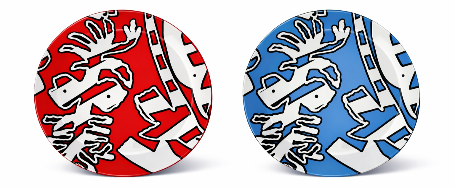 Two hockey pucks with logos of the Montreal Canadiens, one with a red background and the other with a blue background