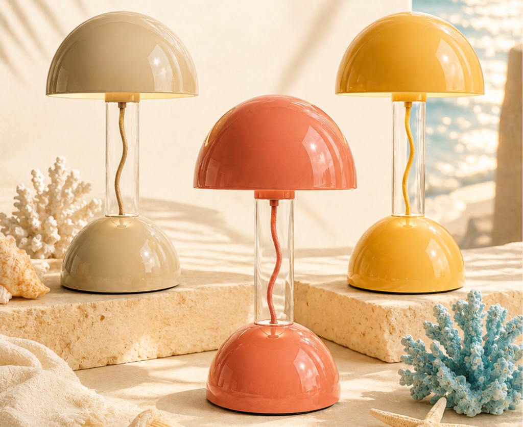 Three colorful lamps with semi-spherical shades and curvy bulbs, arranged on a stone surface with coral decorations, set against a bright, coastal background.