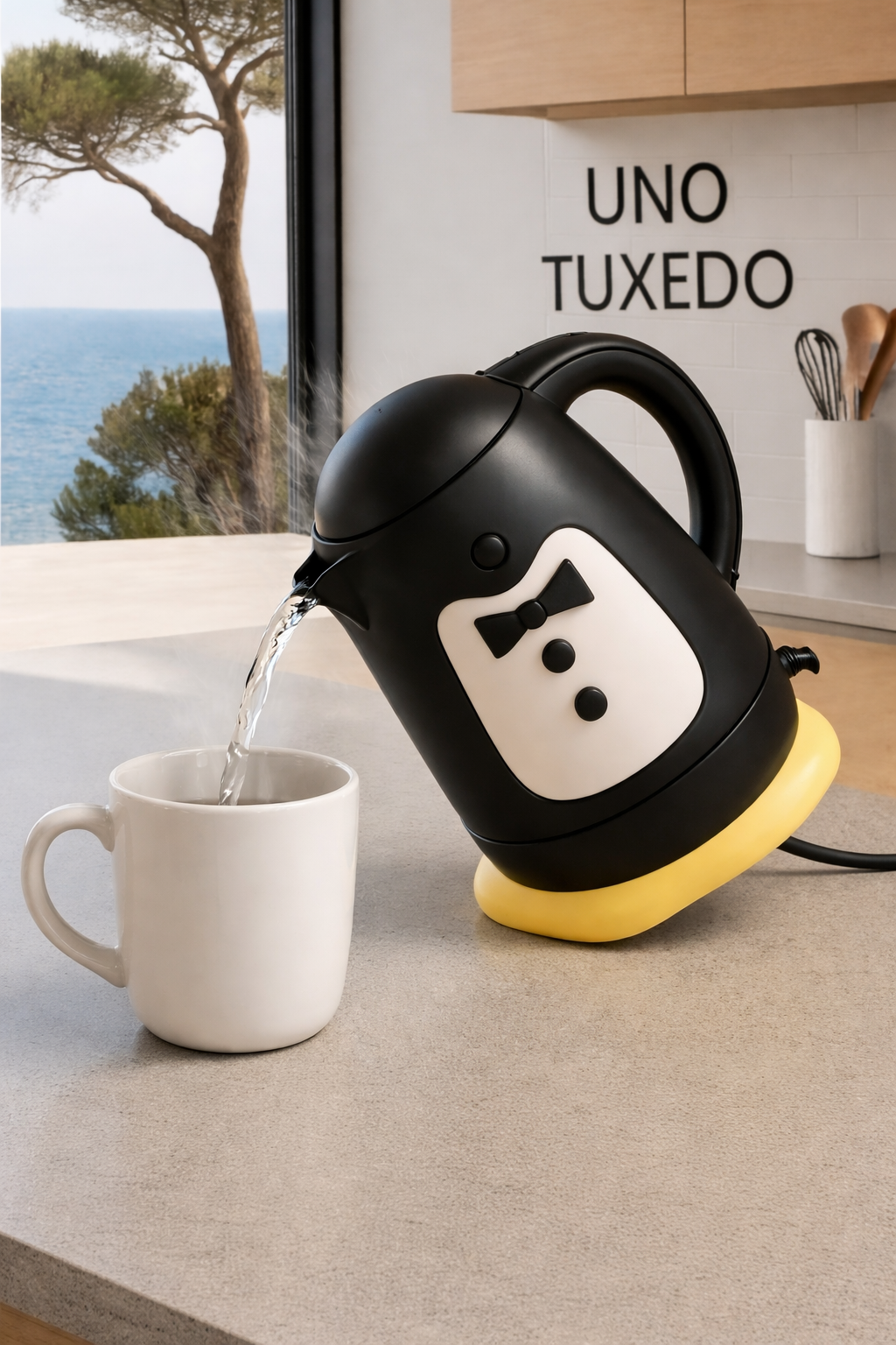 A black and white kettle in the shape of a tuxedo with a bow tie, pouring hot water into a white mug on a kitchen countertop. There is a window showing a tree and the ocean outside, and a sign on the wall that says "UNO TUXEDO".