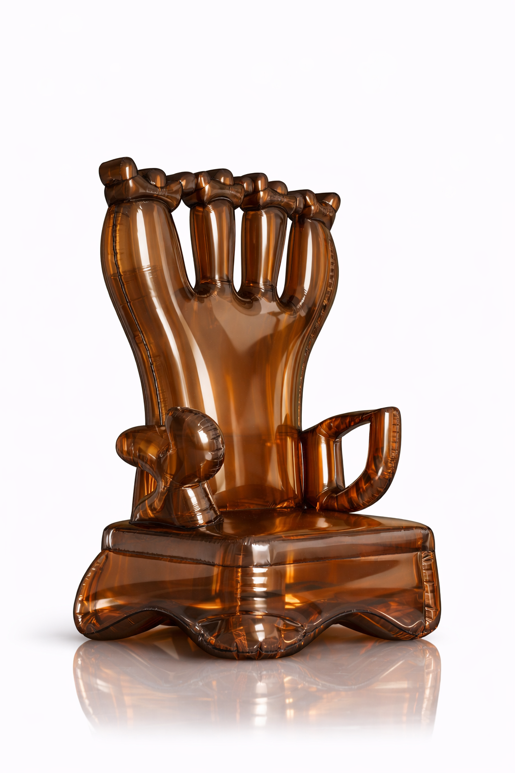 A sculpture of a raised fist in a semi-transparent brown color, mounted on a matching base.