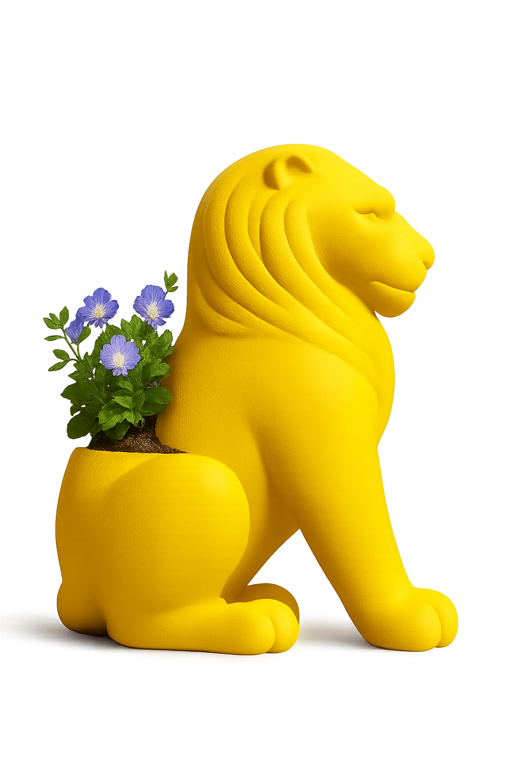 Yellow lion-shaped planter with purple flowers growing from its back
