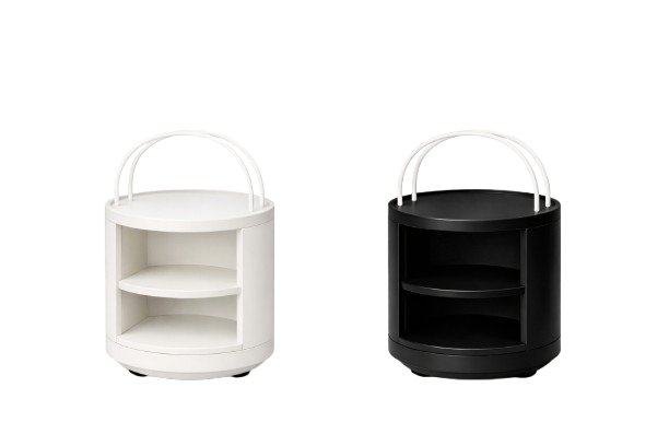 Comparison of two round, modern-style nightstands or small shelving units, one in white and one in black, each with two shelves and a handle-like design on top.