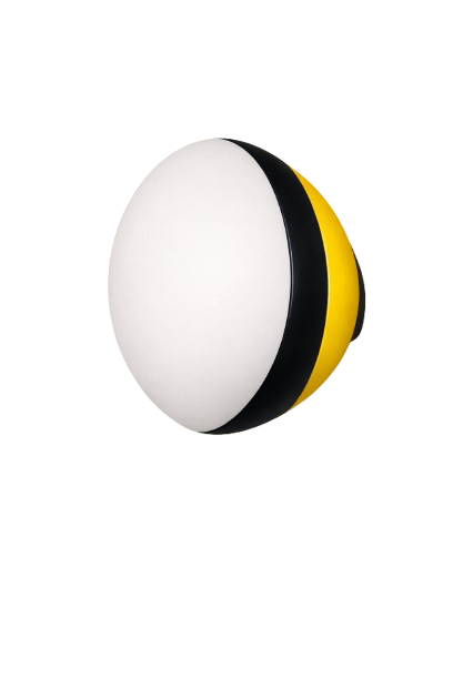 A helmet with a white front, black middle stripe, and yellow back, resembling a bee's face.