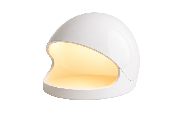 A white, dome-shaped LED light with a rounded opening, illuminated inside.