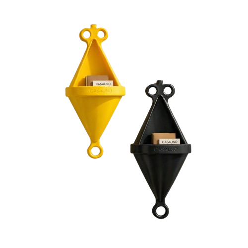 Yellow and black cable organizers mounted on a wall, each holding small brown cardboard boxes.