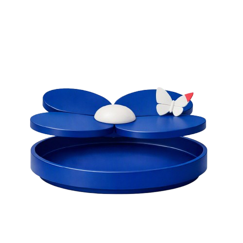 A blue, flower-shaped jewelry box with a white butterfly and red accents on the top.