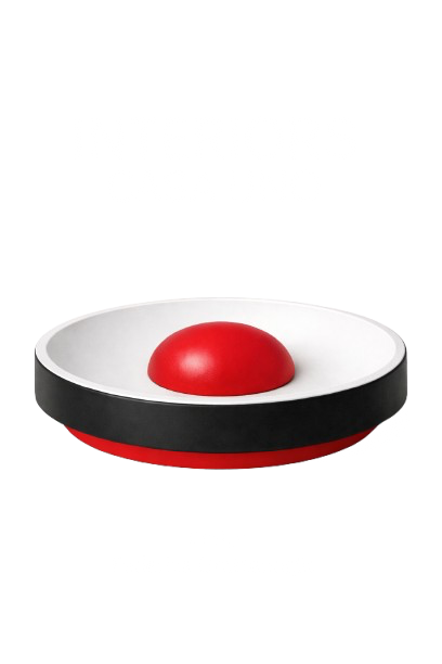 A red button inside a white and black circular container with stylized black text above and below it.