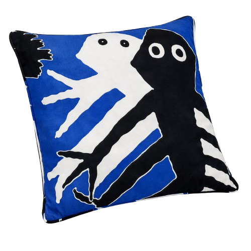 Decorative pillow with a black and white abstract figure with large eyes on a blue background.