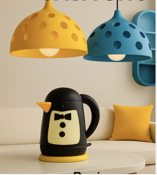 A black teapot designed to look like a penguin with an orange beak and a yellow base, placed on a white table in a room with colorful hanging lamps and a yellow pillow on a white sofa.
