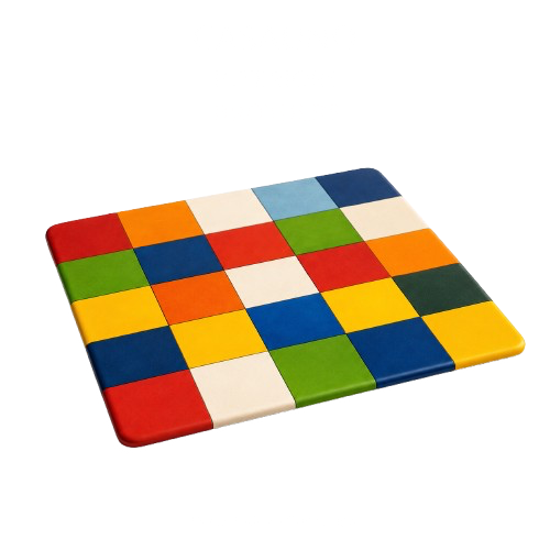 Colorful checkered notebook cover with red, white, blue, green, yellow, and orange squares.