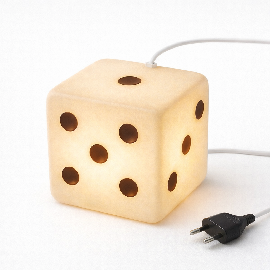 A lamp shaped like a dice with rounded edges, emitting a warm glow, with a white cord and plug.