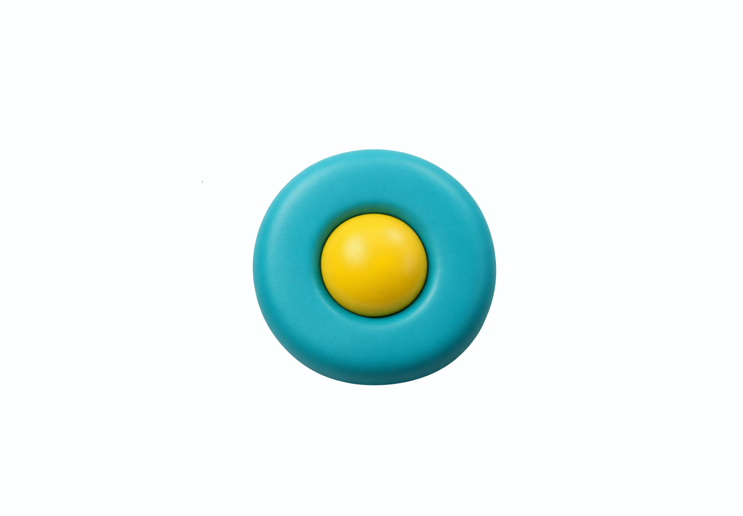 A colorful object resembling a stylized eye with a blue outer ring, a yellow middle ring, and a yellow central part, set against a white background.