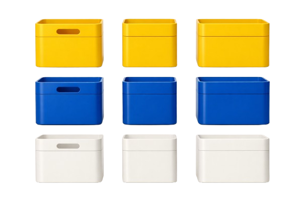 Three rows of storage boxes in yellow, blue, and white, each with a handle slot on top, arranged in a grid.