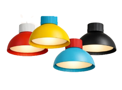 Four colorful hanging pendant lights in red, yellow, black, and blue with exposed interiors.
