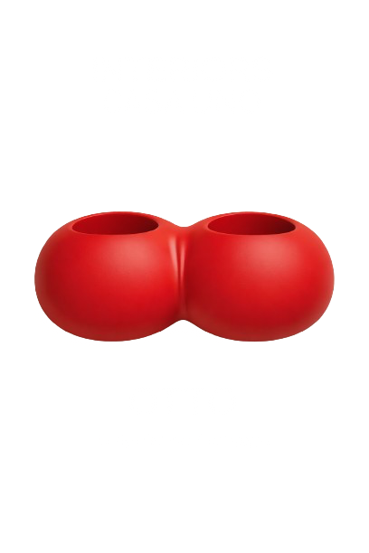 Two red balls with holes in the top, positioned side by side. The image also contains stylized, distorted text at the top and bottom.